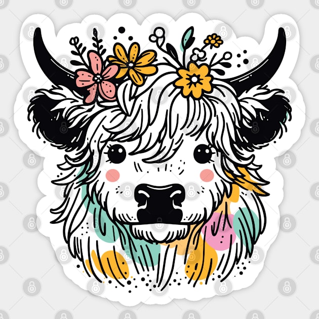 Majestic Highland Harmony: Scottish Hairy Cow with Blossoms Sticker by SweetLog